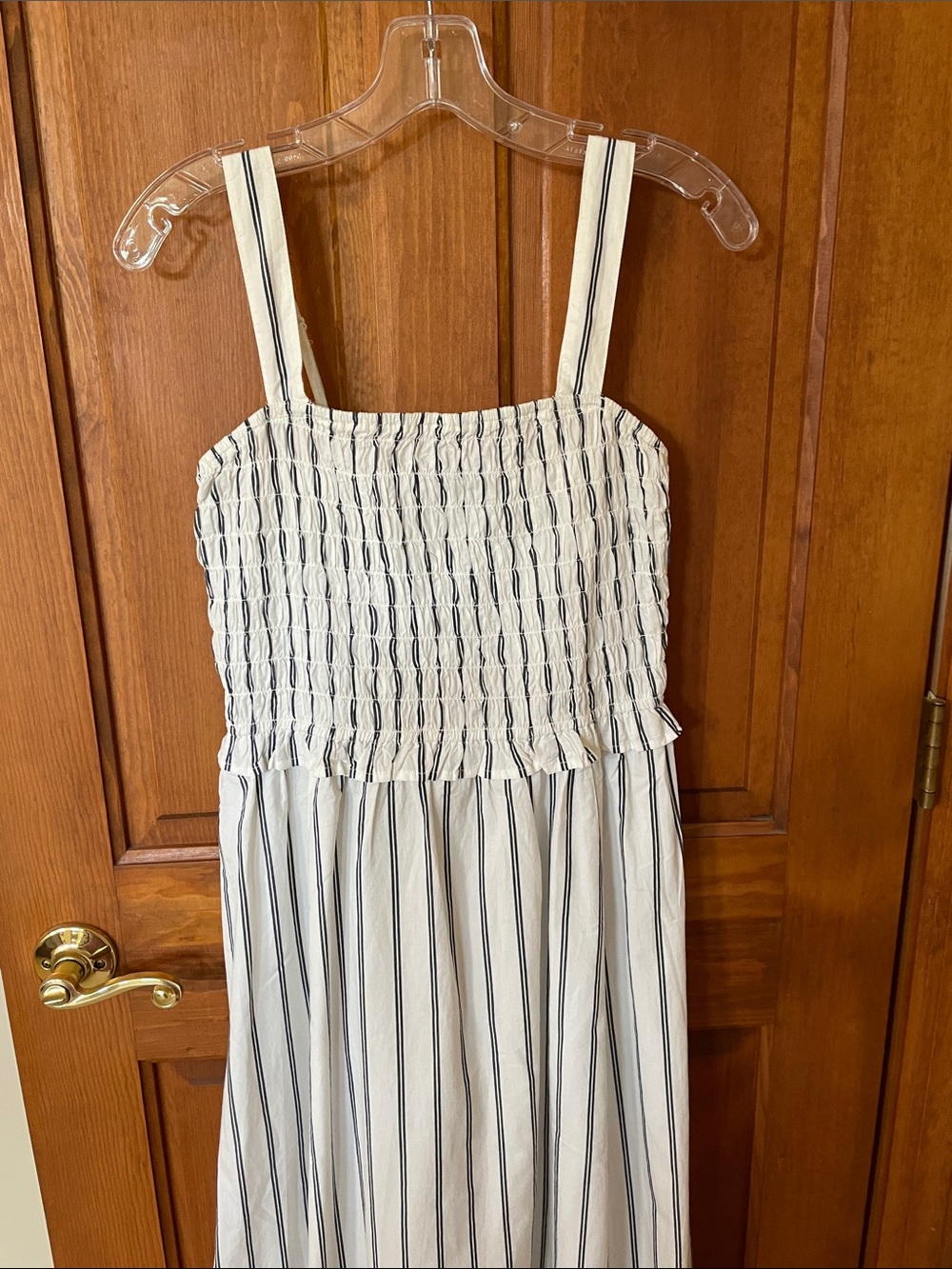 White & Navy Stripe Smocked Sundress